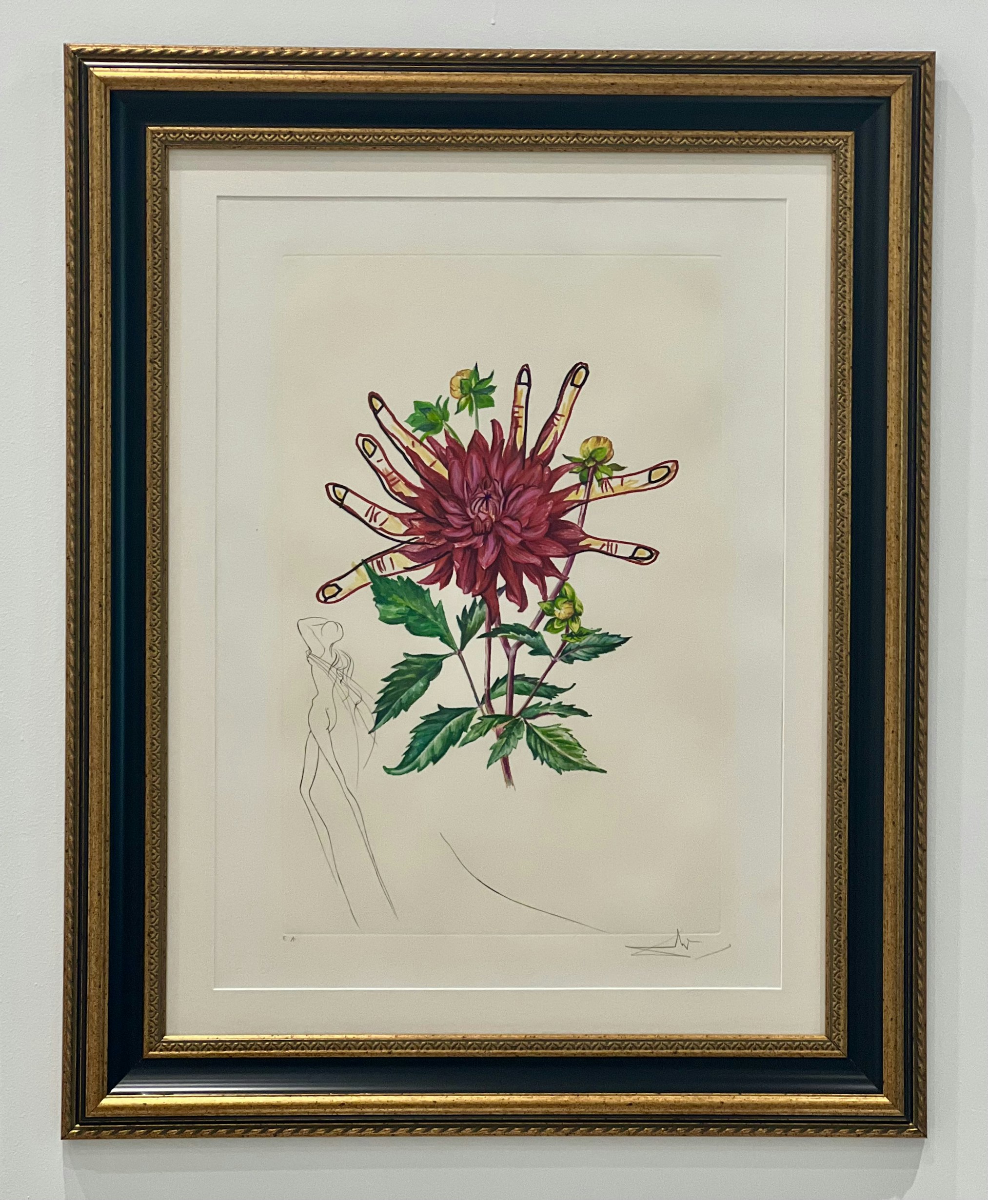 flower with fingers and female figure to left
