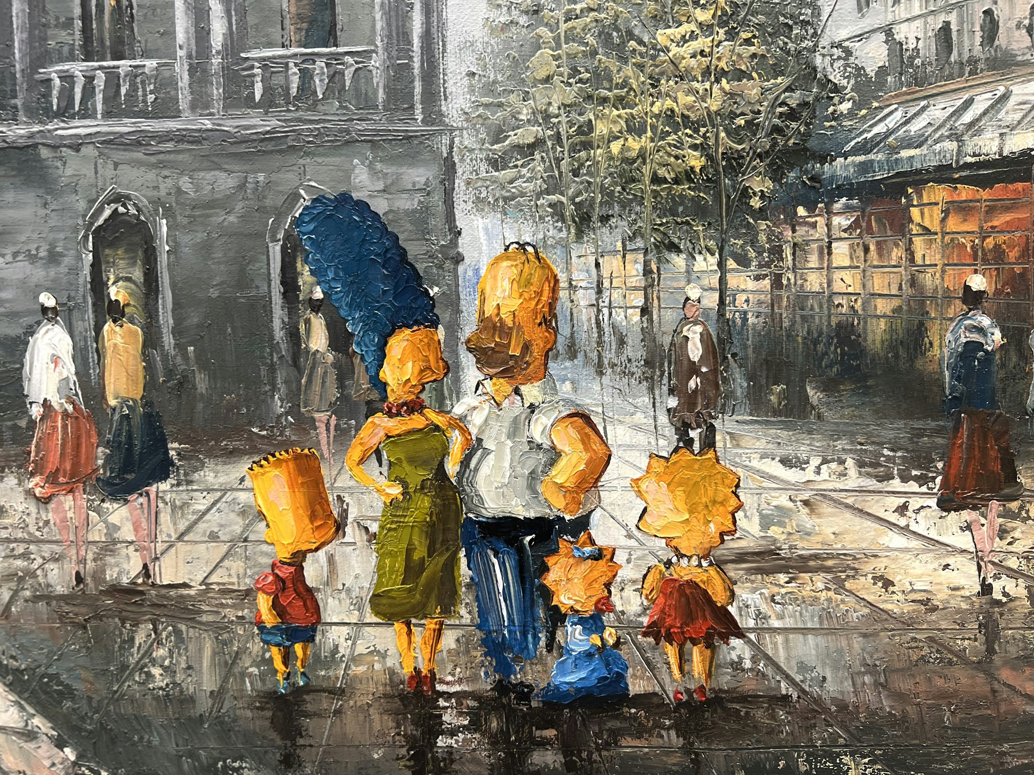 Impressionistic simpsons family in street scene zoomed in