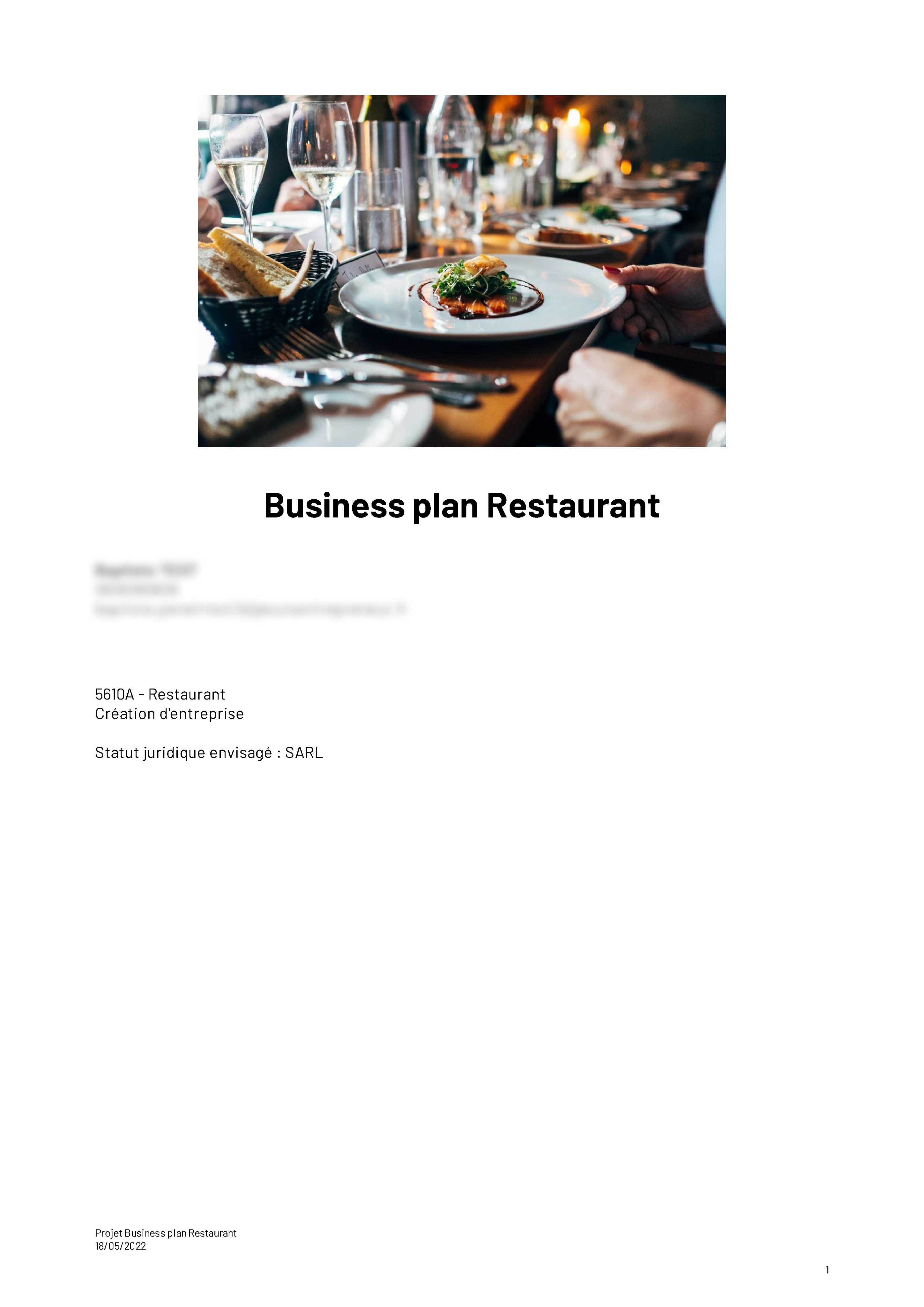 Page de garde Business plan restaurant