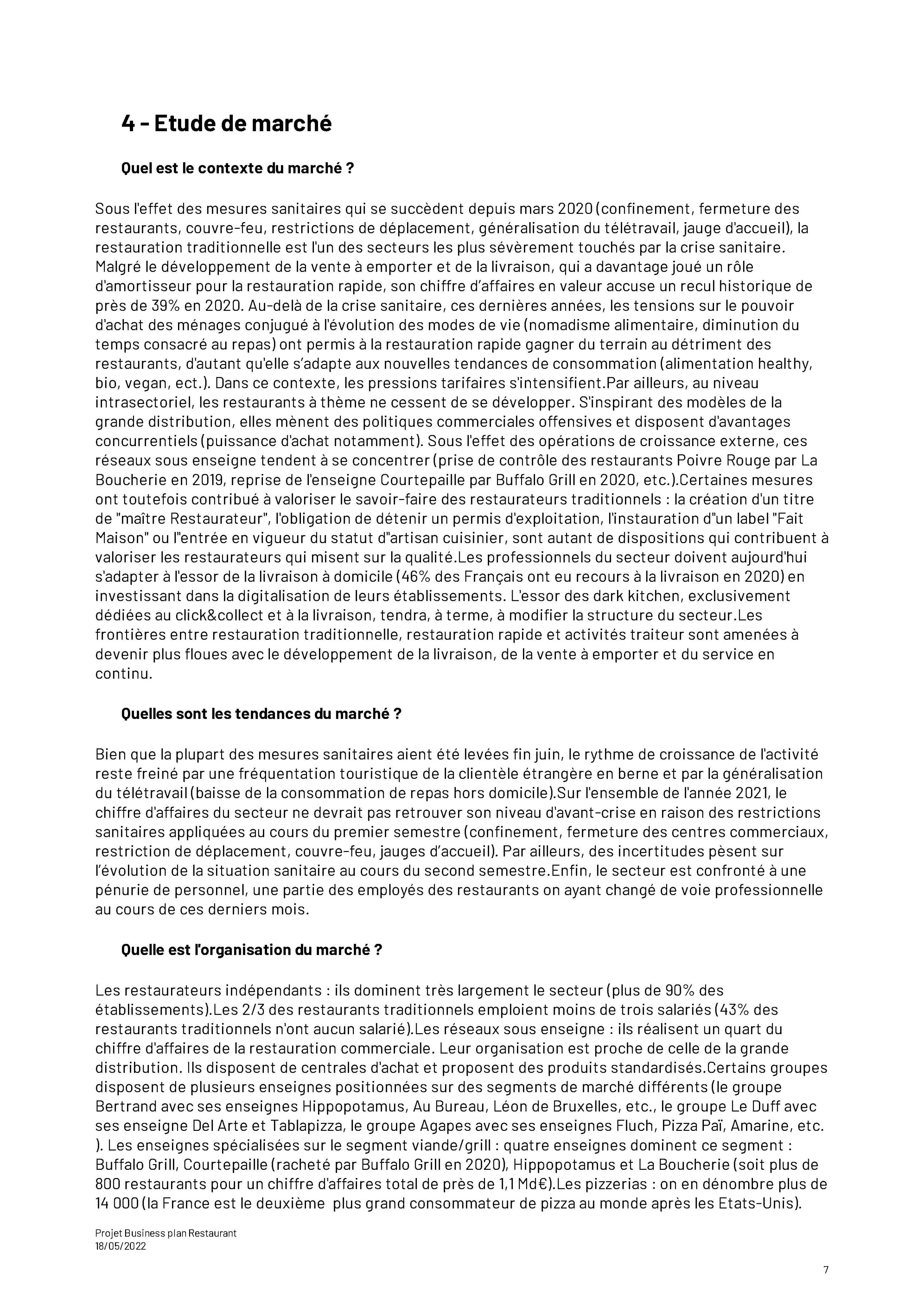 Etude de marché Business plan restaurant