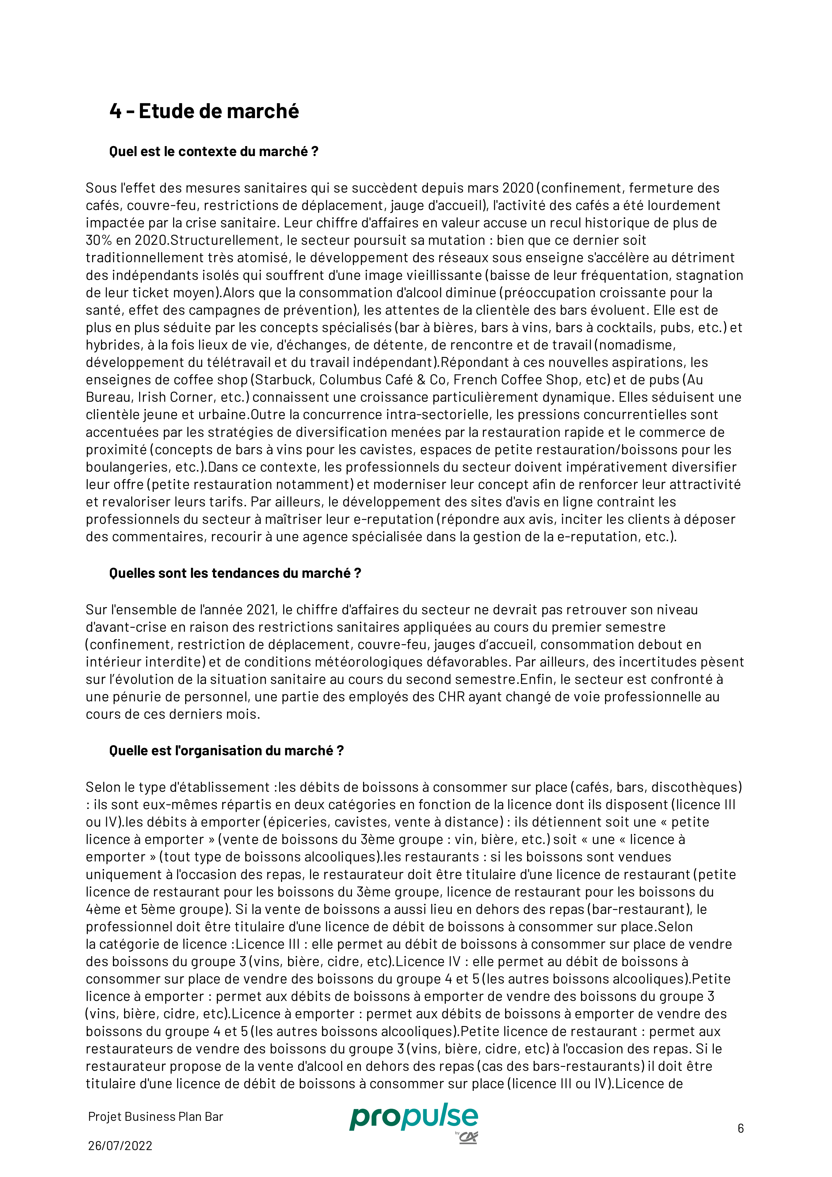 comment faire un business plan modèle Exemple d'étude de marché pour un bar