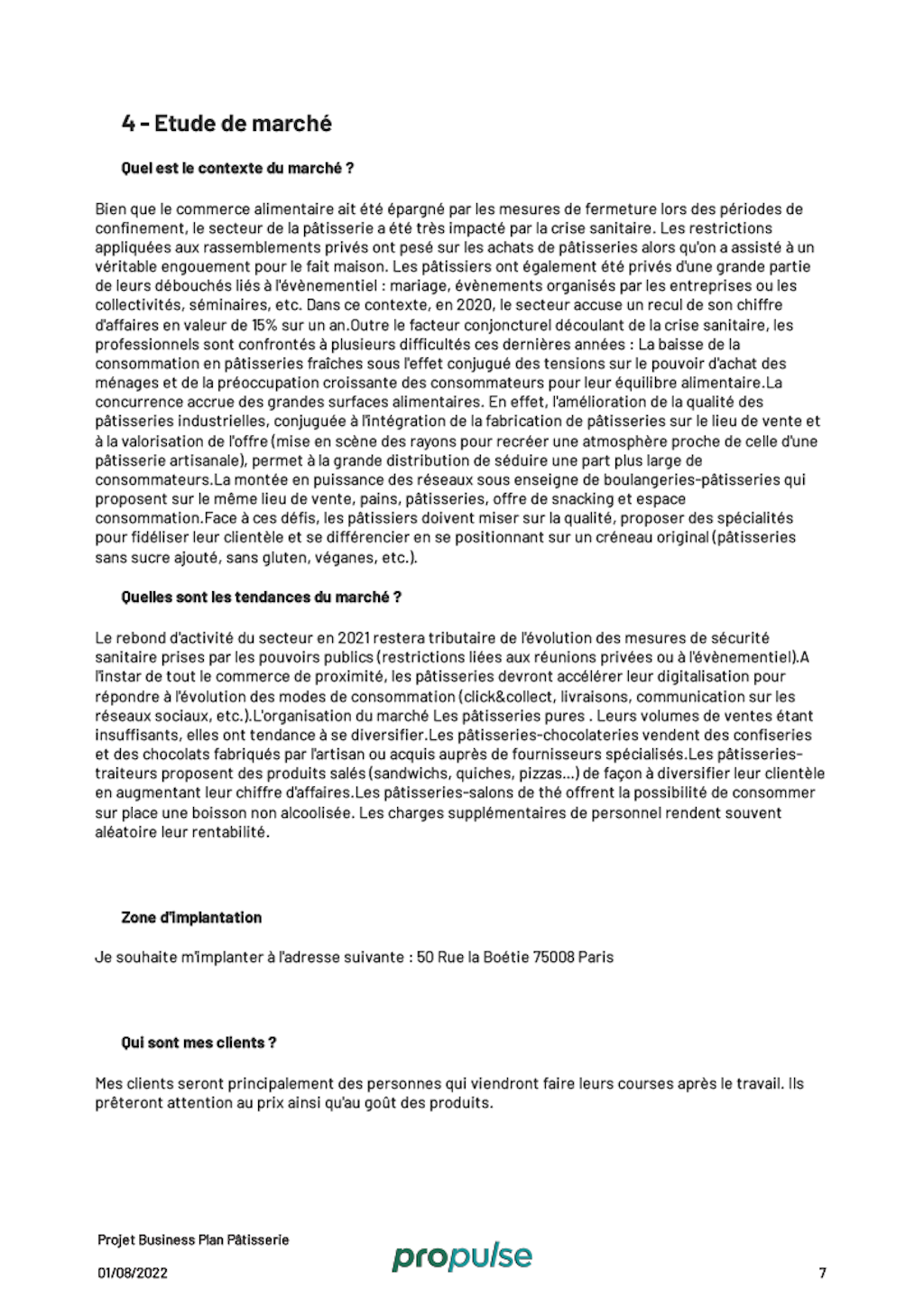 Étude de marché business plan pâtisserie