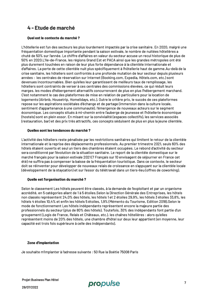 business plan pour un hotel Etude de marché
