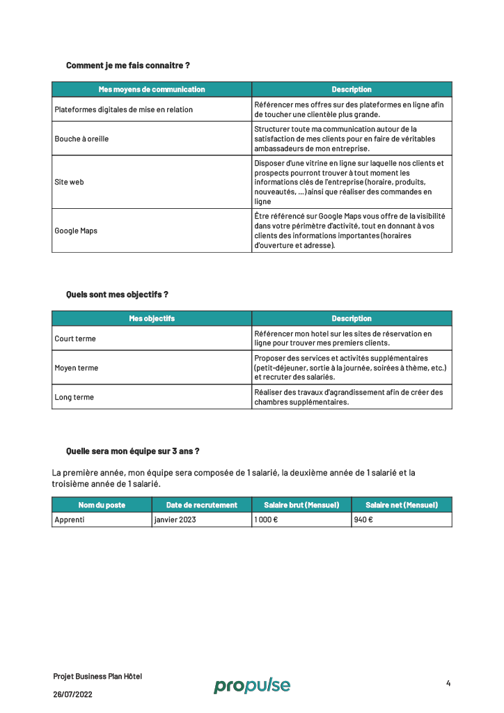 business plan pour un hotel moyens de communications