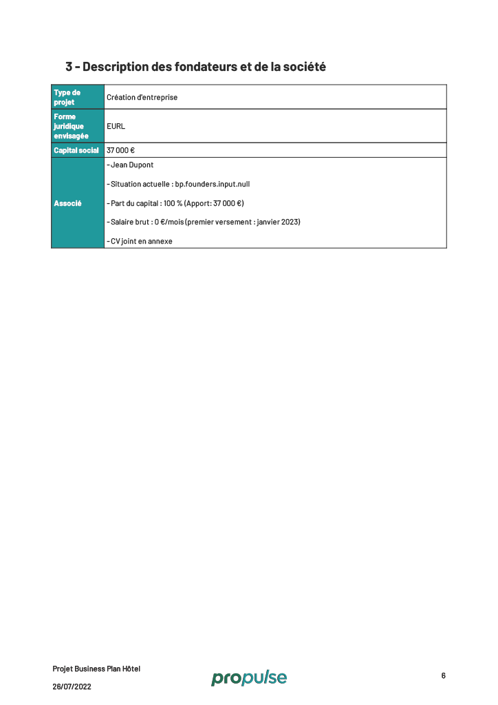 business plan pour un hotel Statut juridique