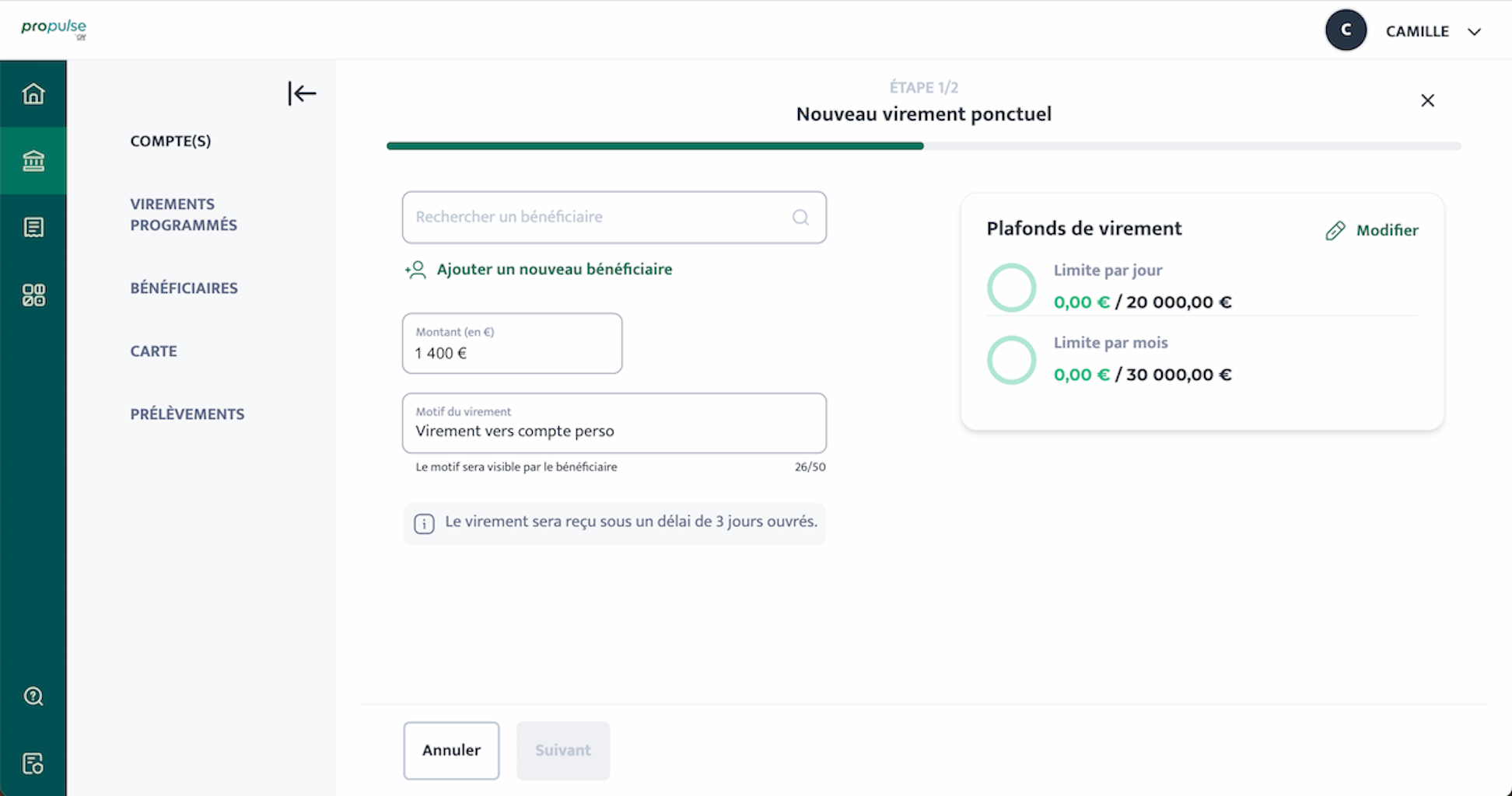 Exemple de virement avec Propulse by CA