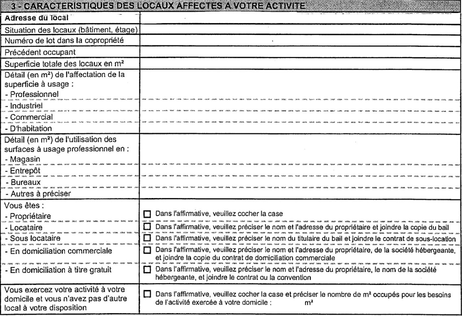 Questionnaire relatif à l'activité professionnelle (Caractéristiques des locaux)