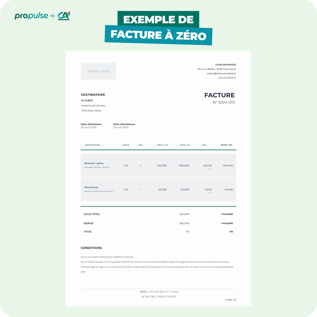 Exemple de facture à zéro Exemple de facture à zéro