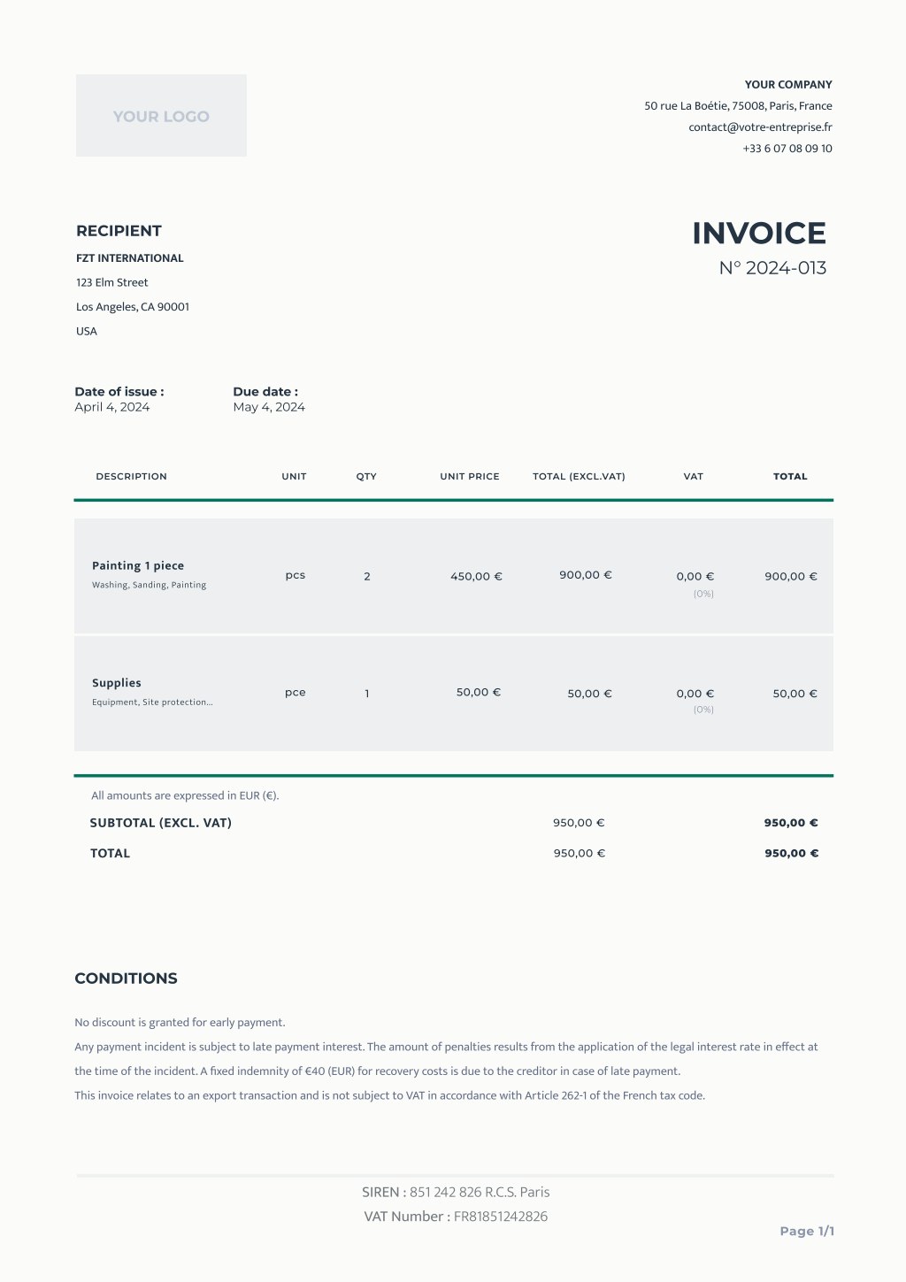 Exemple de facture client hors U.E