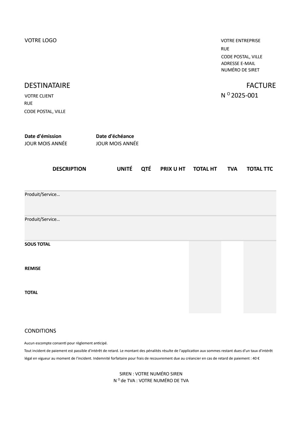 Modèle de facture vierge PDF