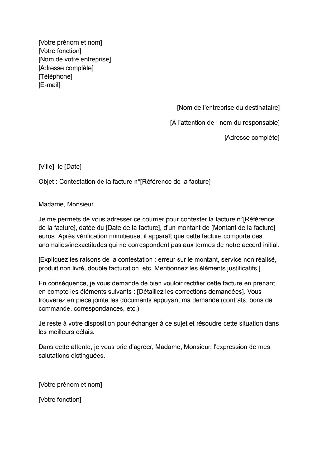Modèle de lettre de contestation de facture