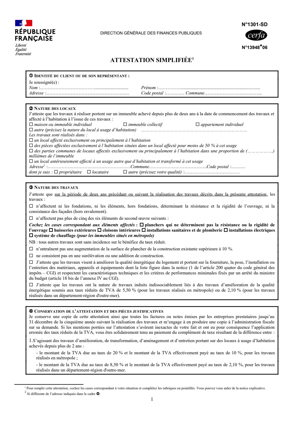 Attestation simplifiée de TVA formulaire cerfa 1301-SD