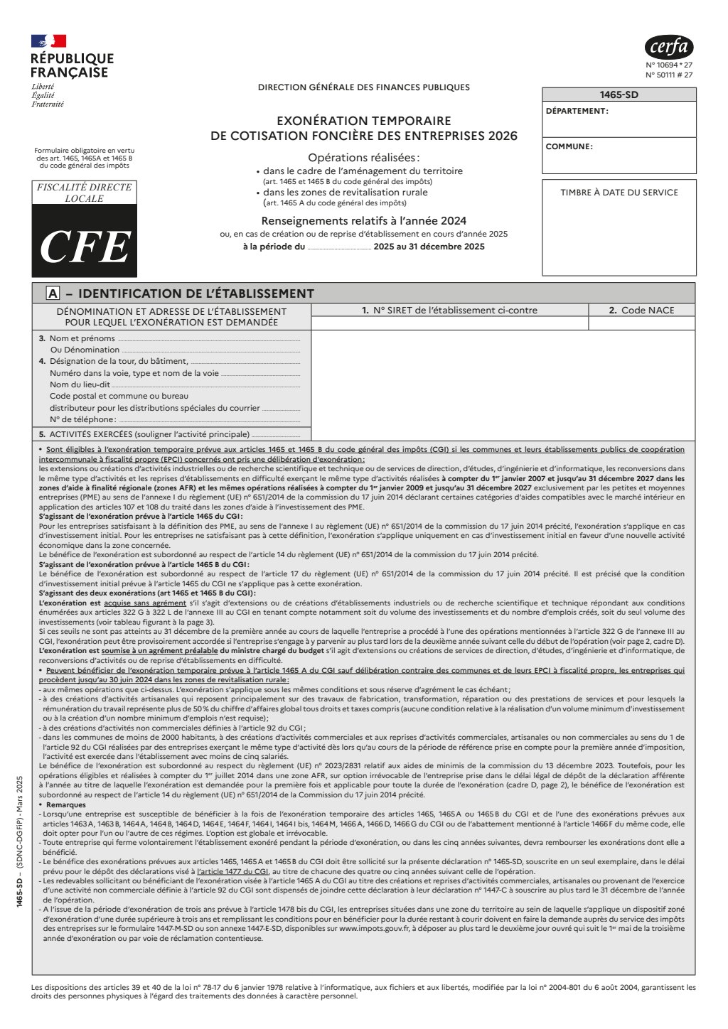 Formulaire n°1465-SD - Exonération temporaire de cotisation foncière des entreprises