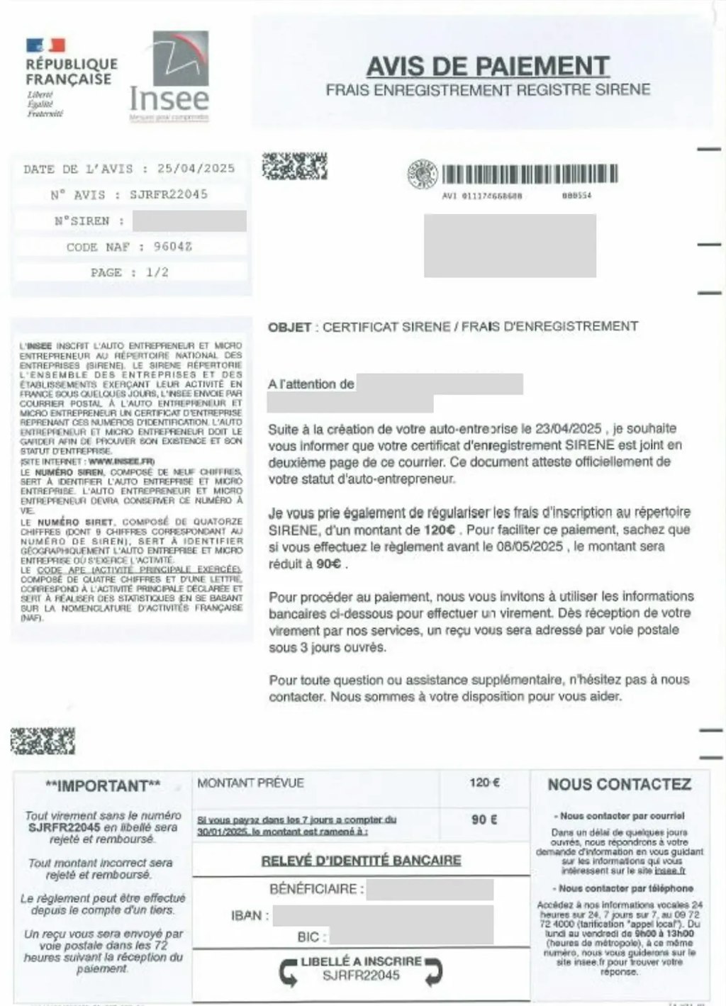 Faux avis de paiement Sirene