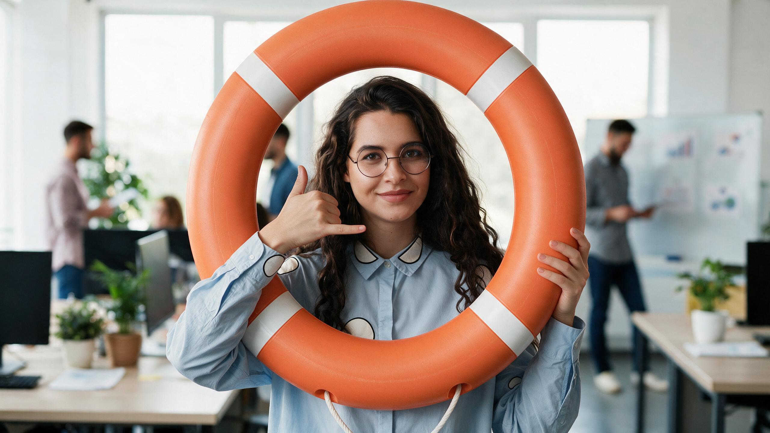 Woman holding an orange life ring in an office