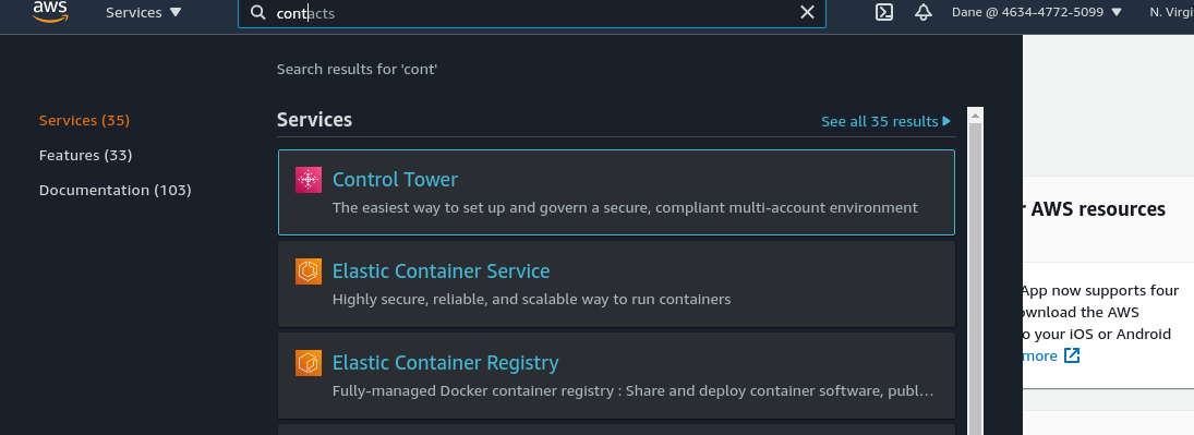 AWS Console search results
