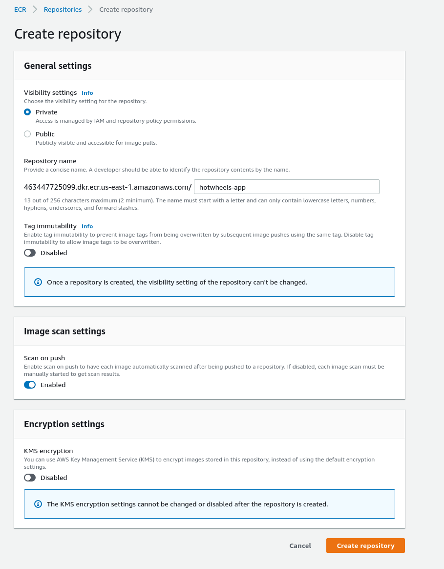 Image of AWS ECR create repository page