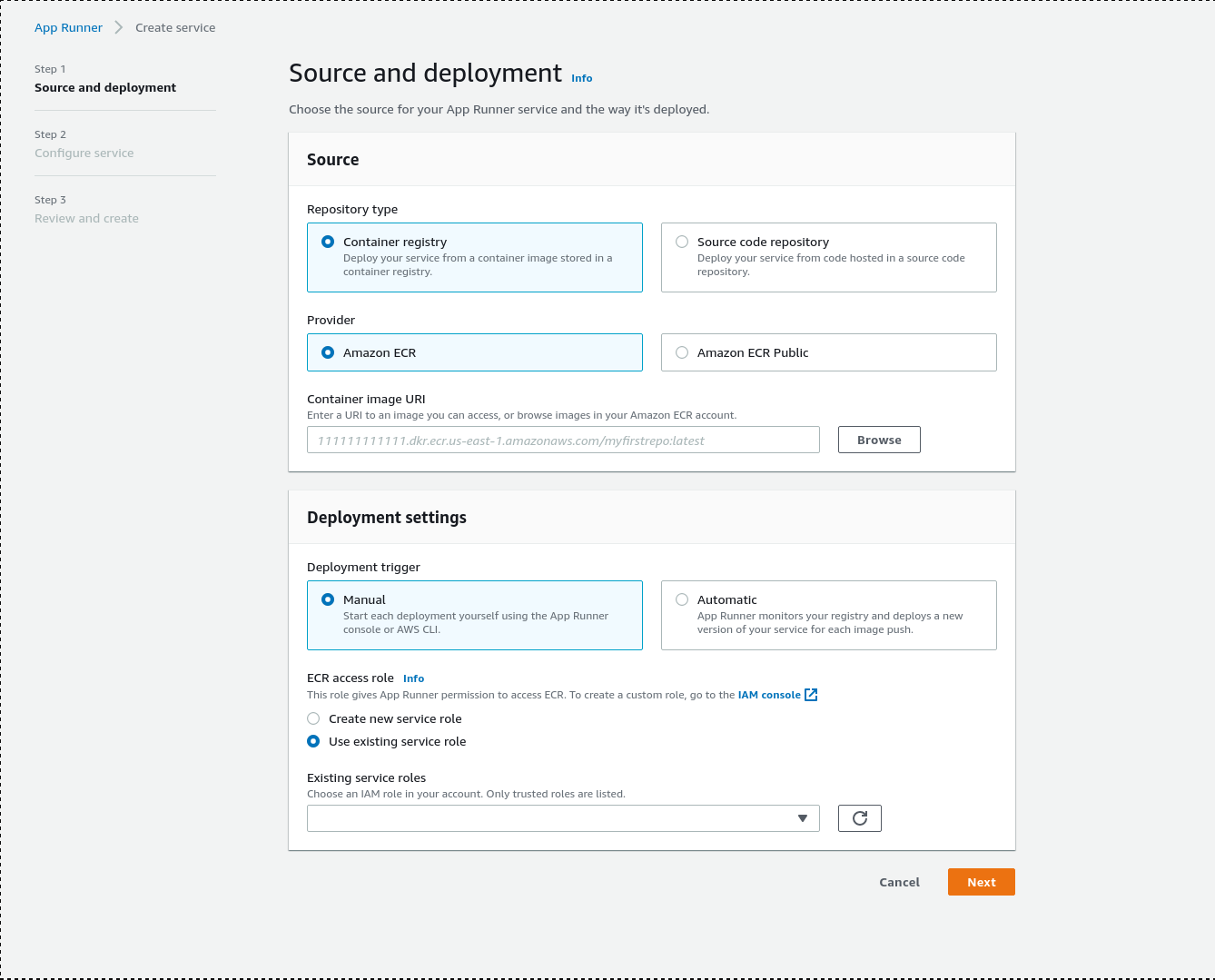 Image of App Runner create service page