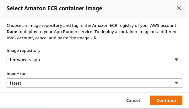 Image of selecting docker image for App Runner