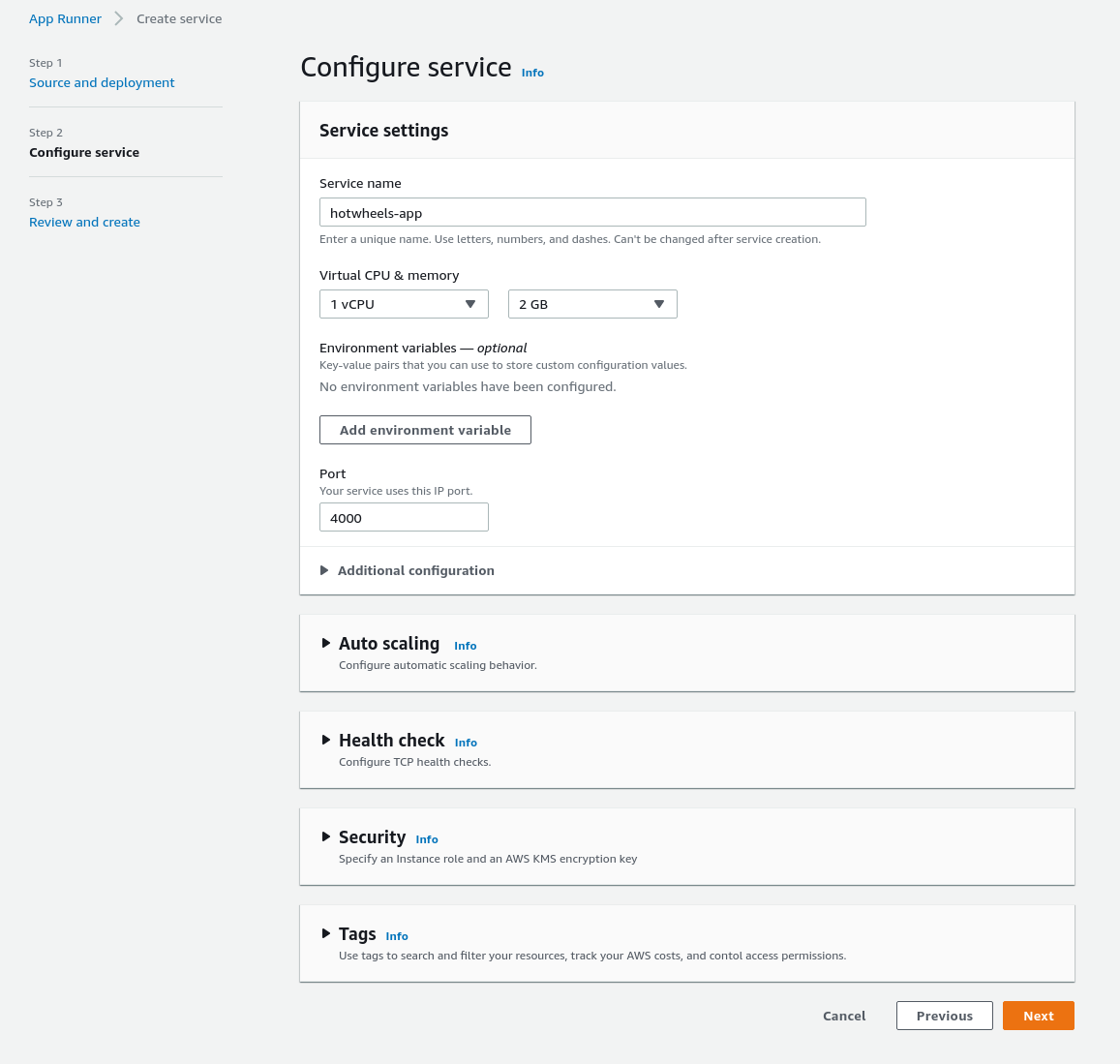 Image of step two of App Runner settings