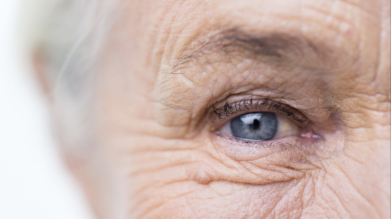 Focus on old woman's right eye.