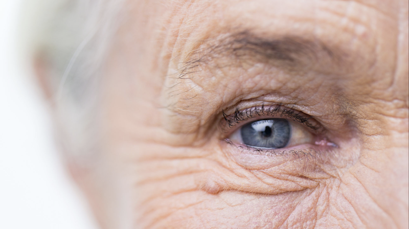Focus on old woman's right eye.
