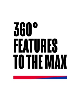 a white poster with a red, blue and white stripe and the words 360 features to the max