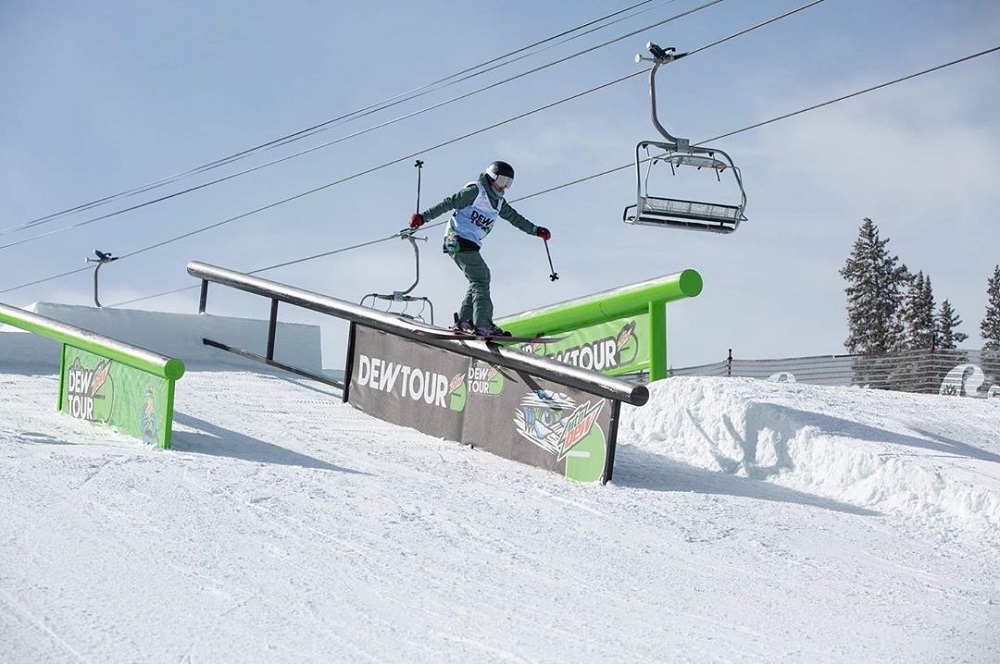 When sliding rails, keep your weight on the downhill ski and look at the end of the rail!