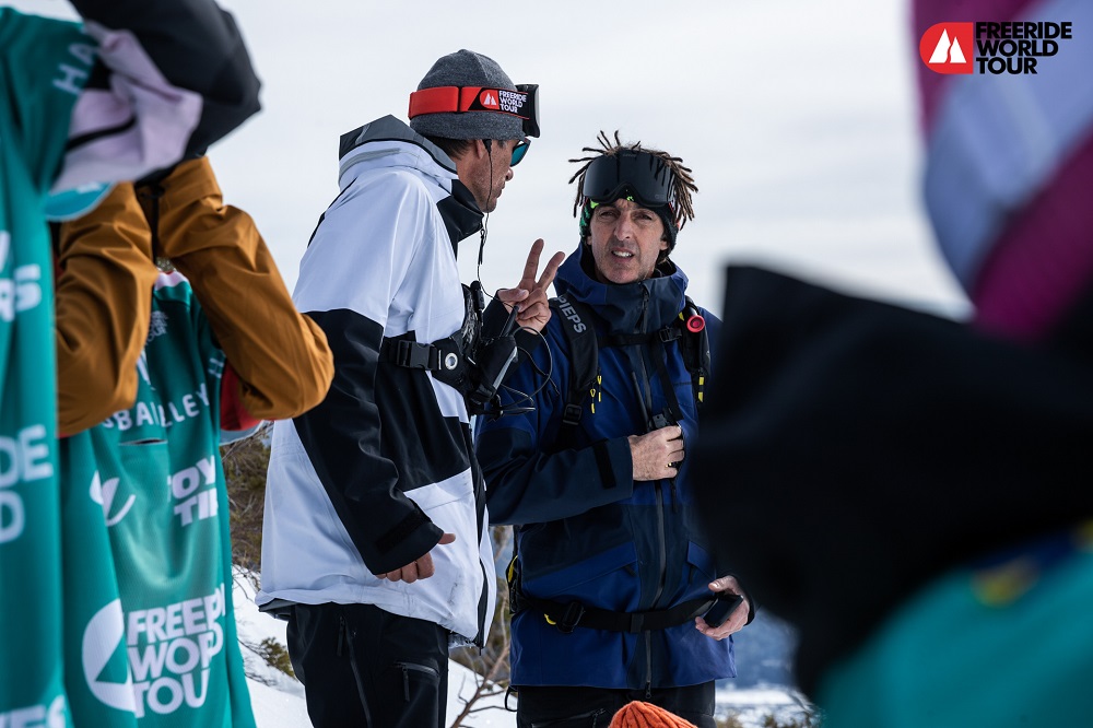 FWT founder Nico Hale Woods and Head Judge Laurent Besse at the face check in Hakuba last weekend wearing Limited Edition FWT 20 Vanguards.