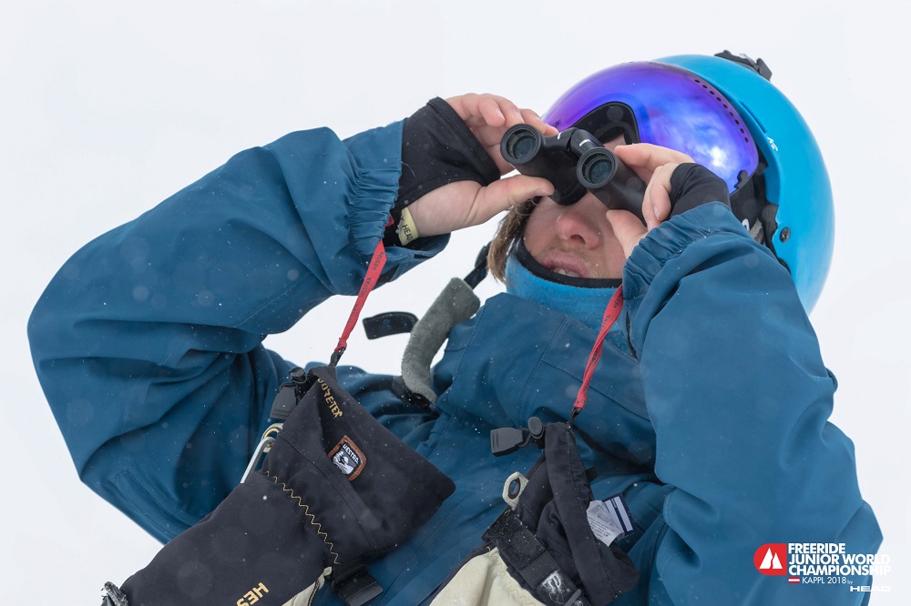 SunGod Ambassador, Remi Benamo scouts out his line at the Freeride Junior World Championships last year.
