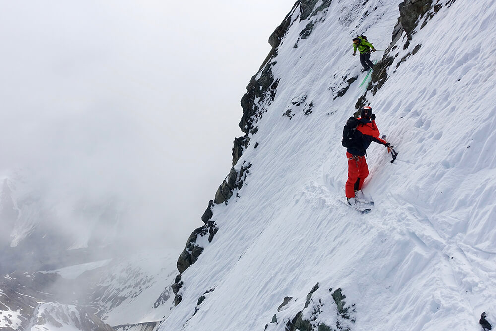 Straightlining a steep section on Malte Brun. Photo: Tom Grant
