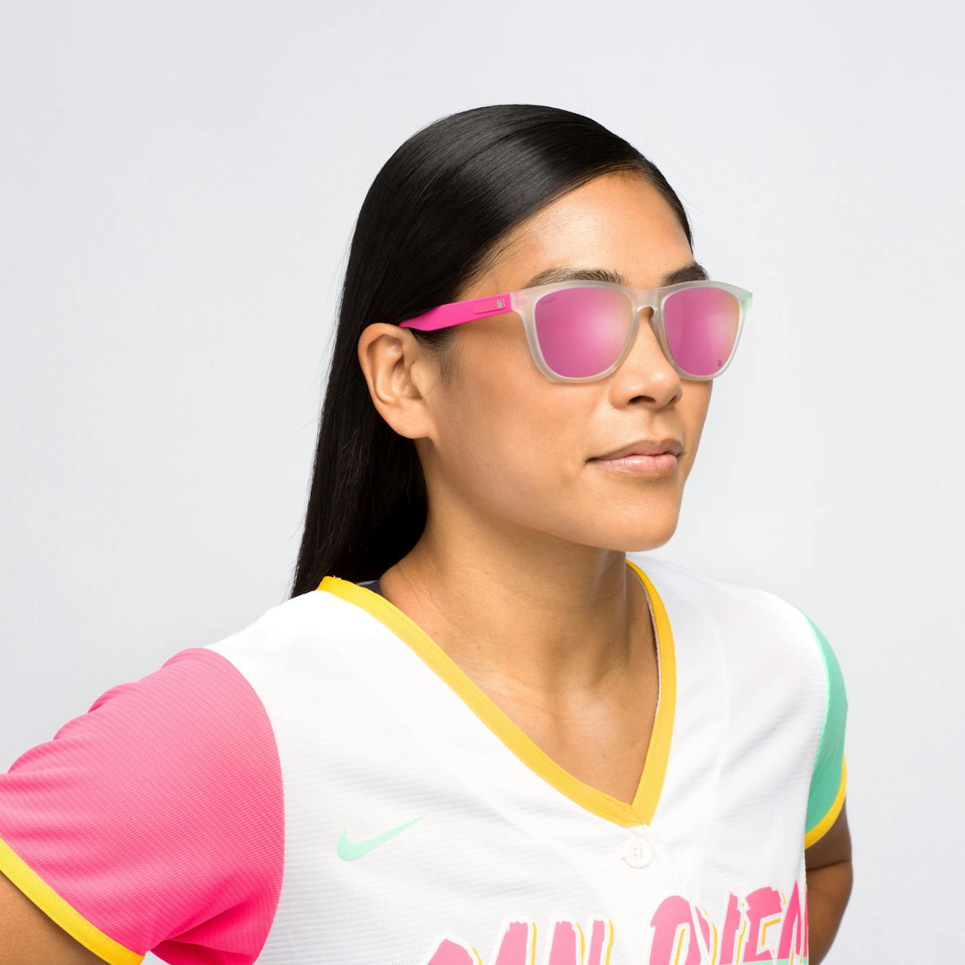 Female model wearing San Diego Padres City Connect Classics Sunglasses
