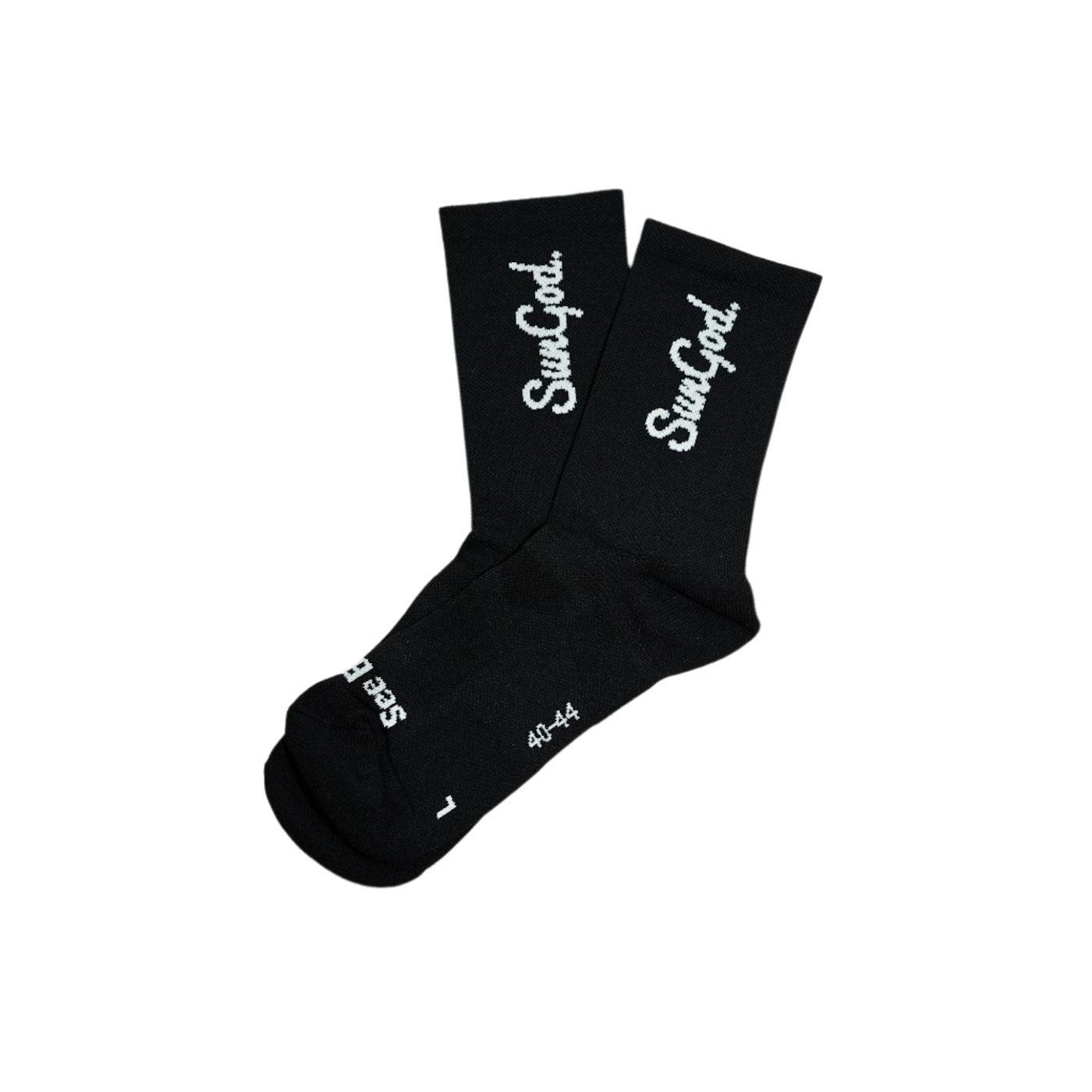 Black socks with white SunGod logo