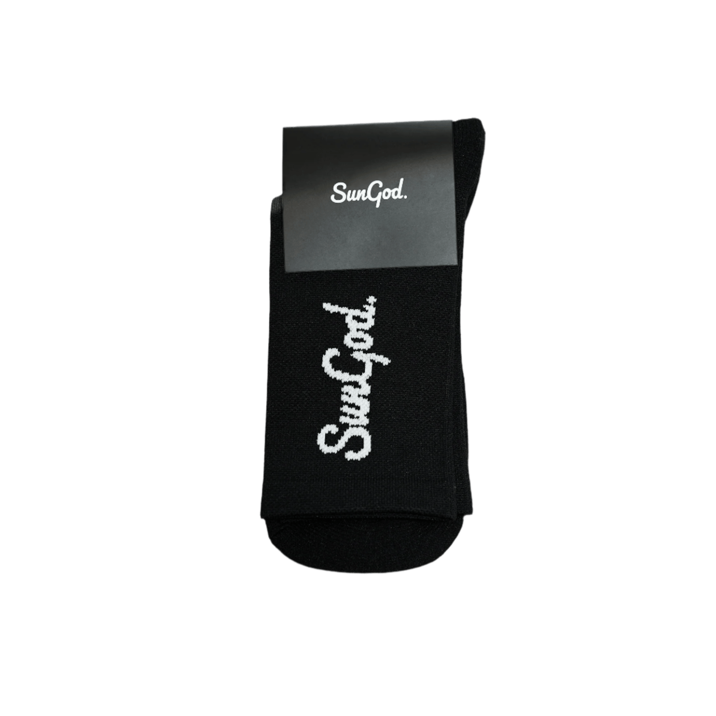Black socks with white SunGod logo in packaging