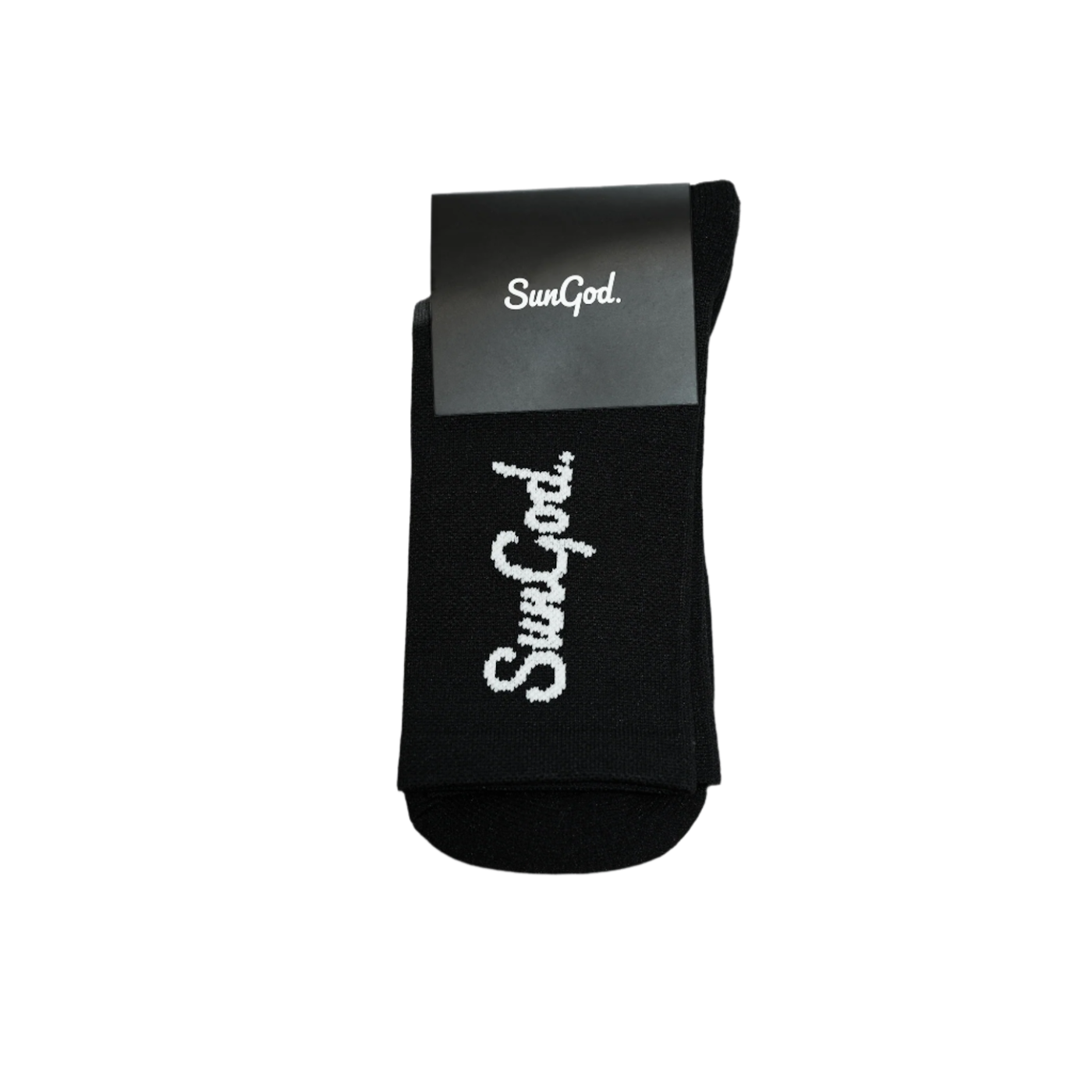 Black socks with white SunGod logo in packaging