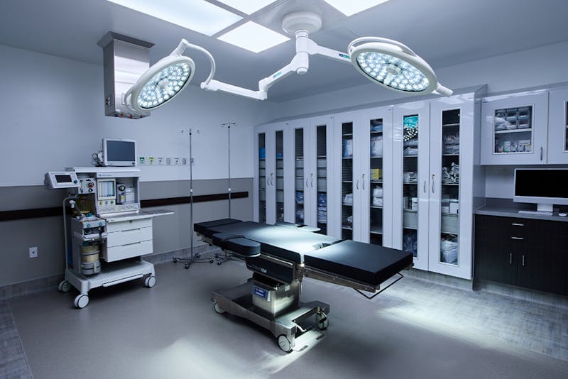 3/4 angle view of procedure table with lights