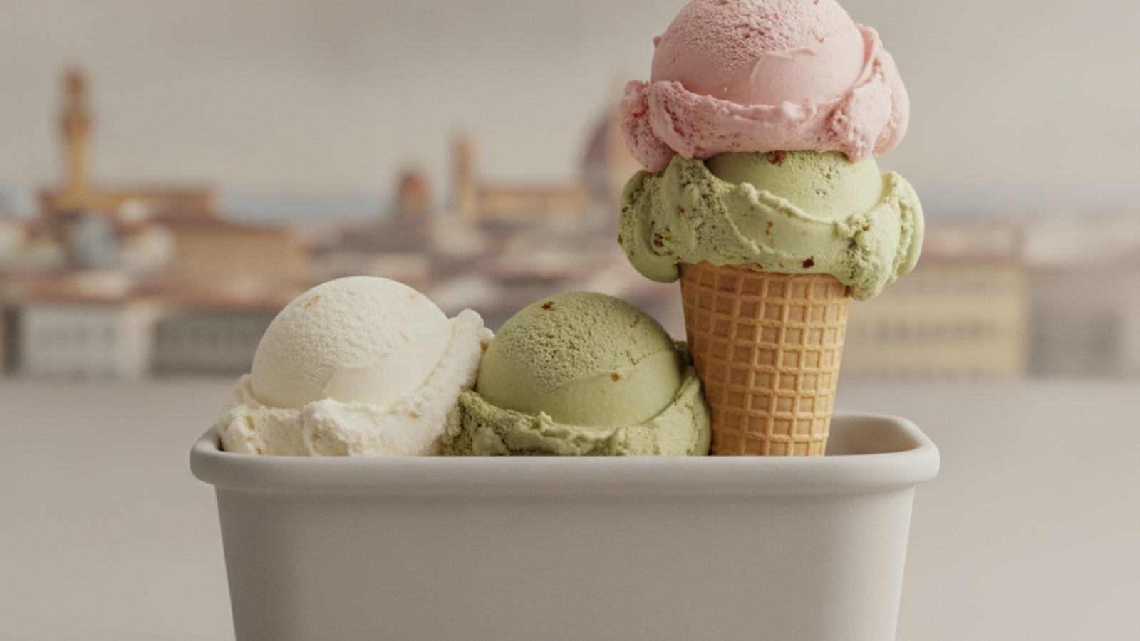 una vaschetta di gelato bassa e opaca, colori naturali (crema, pistacchio spento, fragola), su fondo neutro; in alternativa un cono semplice con uno scorcio dell'Oltrarno sfocato sullo sfondo. Niente piramidi di gelato fluo.