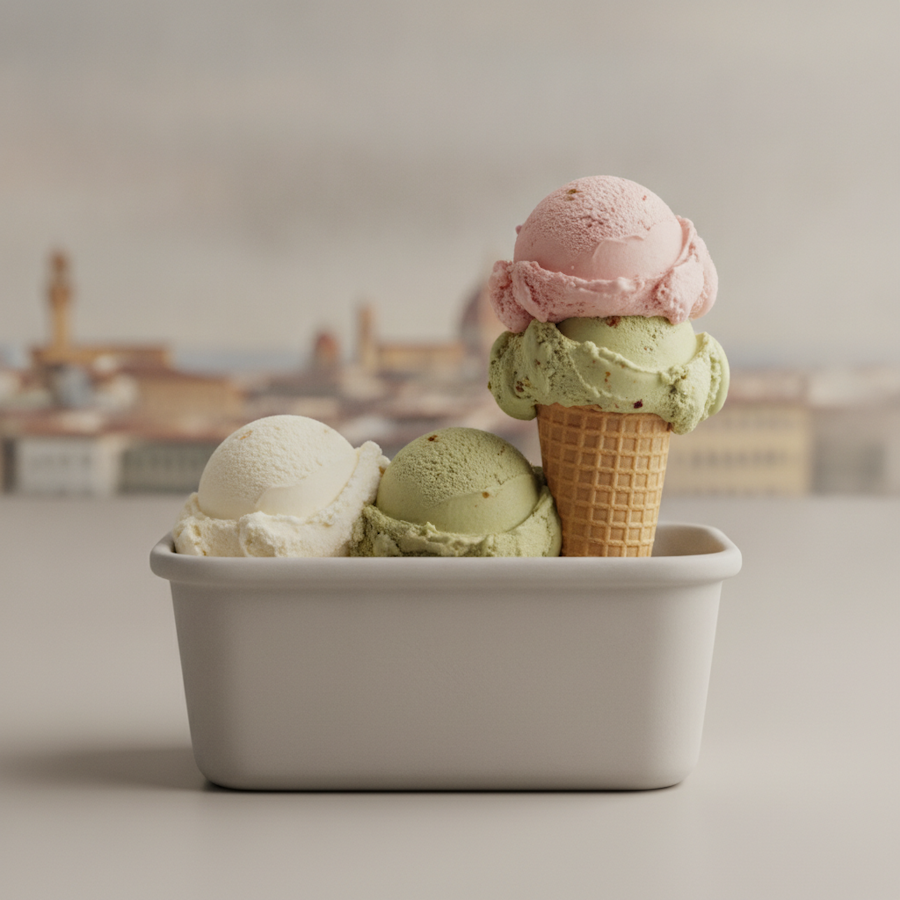 una vaschetta di gelato bassa e opaca, colori naturali (crema, pistacchio spento, fragola), su fondo neutro; in alternativa un cono semplice con uno scorcio dell'Oltrarno sfocato sullo sfondo. Niente piramidi di gelato fluo.