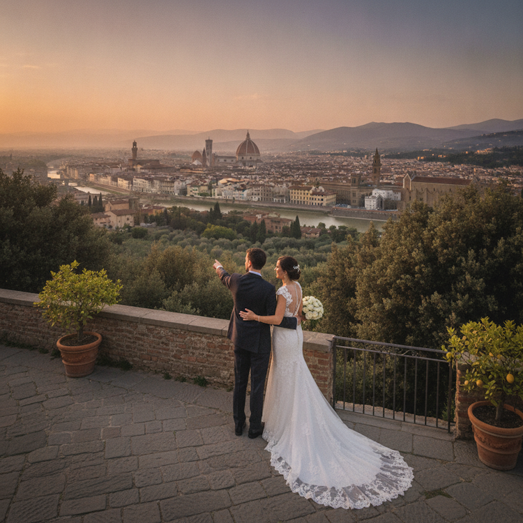 due sposi che guardano il panorama Firenze dalla vista della terrazza Fiesole