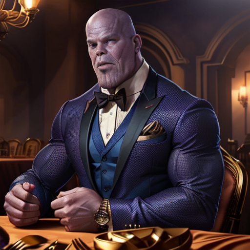 Thanos in a fancy suit at dinner generated AI art by fine-tuning Stable Diffusion || '