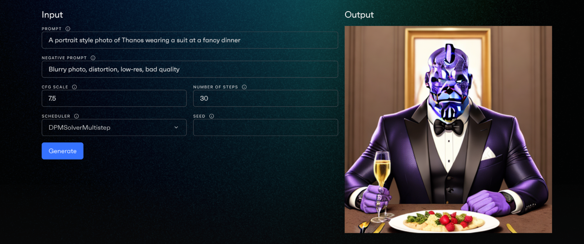 octoAI compute service stable diffusion template showing and image for prompt "A portrait style photo of Thanos wearing a suit at a fancy dinner" || '
