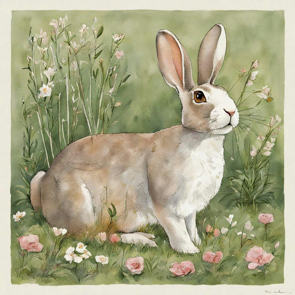 watercolor type image of a grey bunny in grass generated by SDXL using prompt "rabbit in backyard" || '