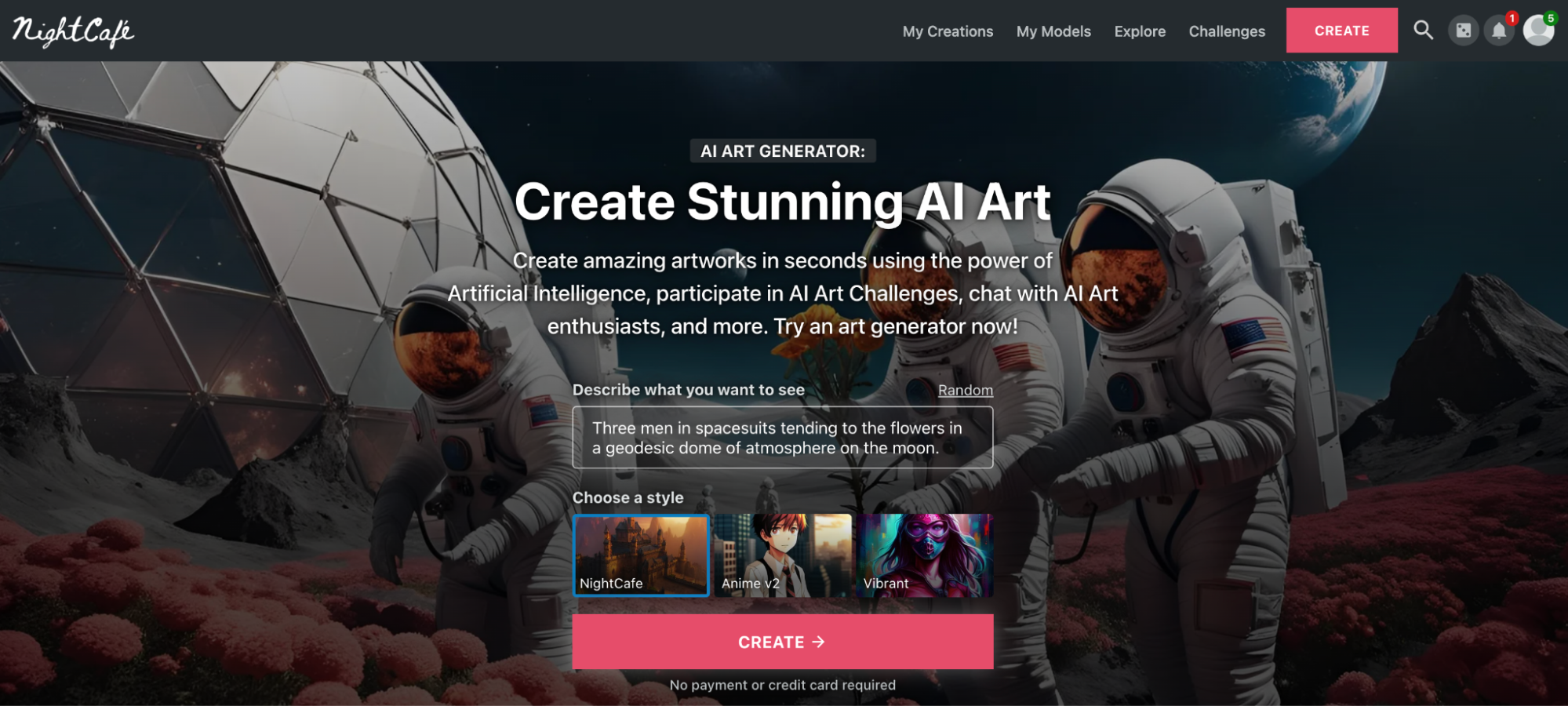 Screen shot of NightCafe website homepage, showcasing their stunning AI art delivered by OctoAI || '