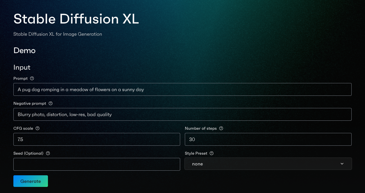 Stable Diffusion XL in OctoAI product UI showing a user prompt || '