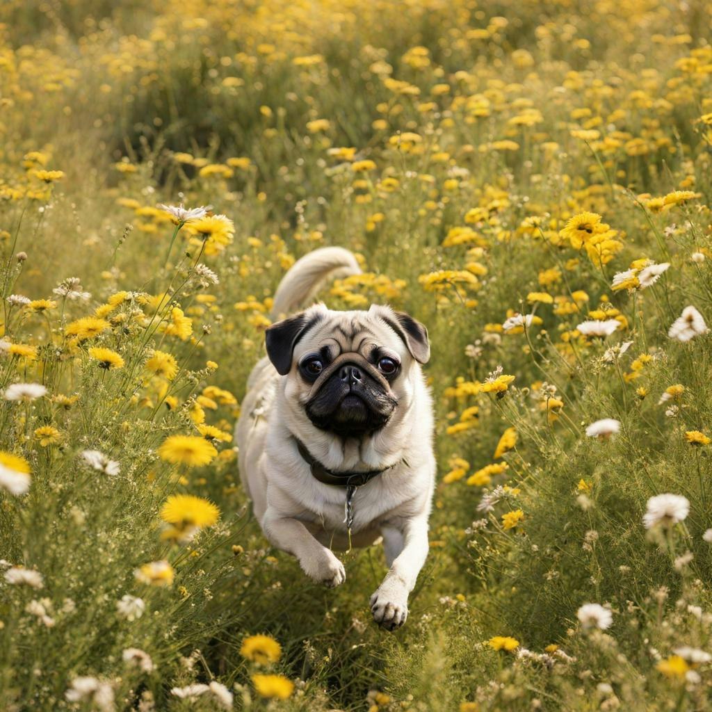 Ai generated image of a pug dog romping in a meadow of flowers on a sunny day || '