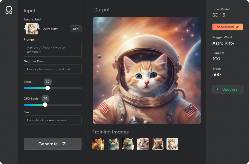OctoAI Image Gen Solution product UI showing a fine tune on an orange tabby cat in an astronaut suit