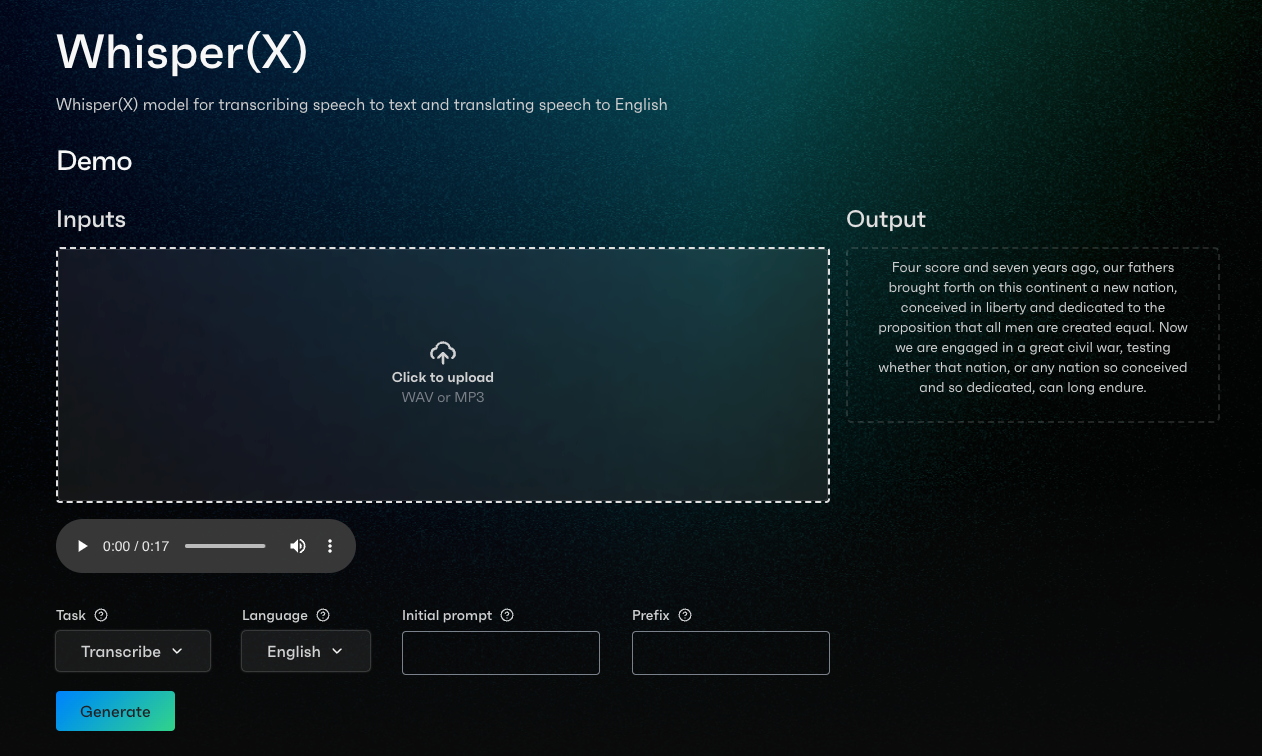 OctoAI WhisperX product demo UI, showing the transcription of audio || '