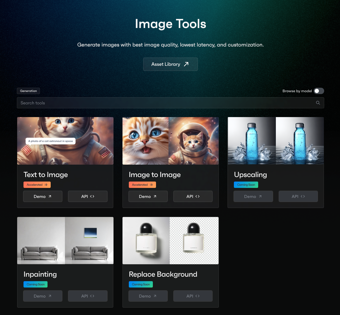OctoAI Image Gen Solution product UI showing the tools: Text to Image, Image to Image, Upscaling, Inpainting, and Replace Background || '