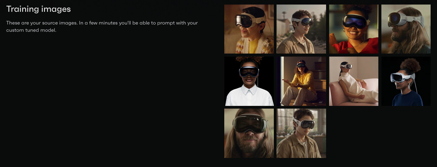 OctoAI UI showing fine-tune training images of people in VR headsets || '