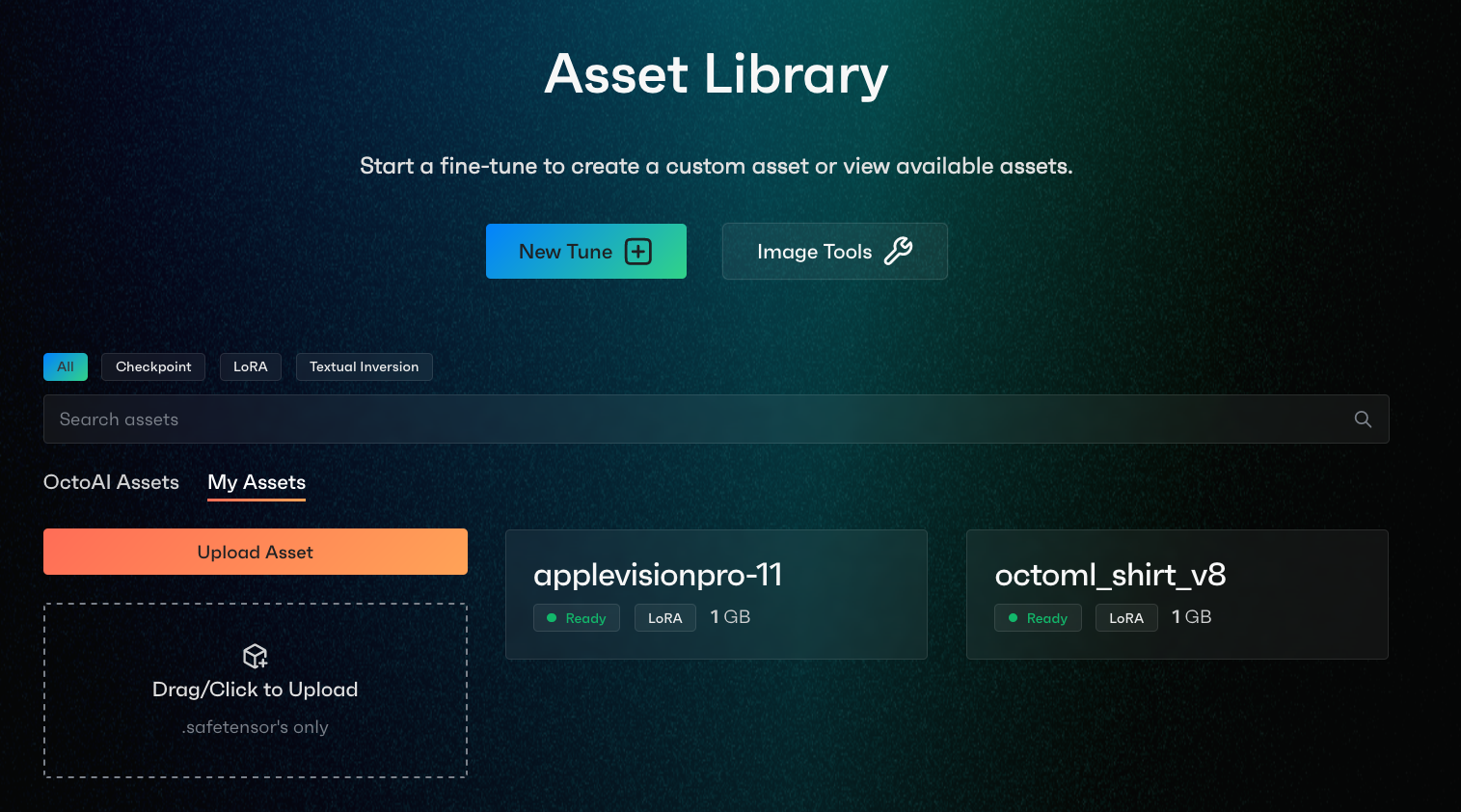 OctoAI Asset Library UI with two custom assets of VR headsets and the OctoAI shirt || '